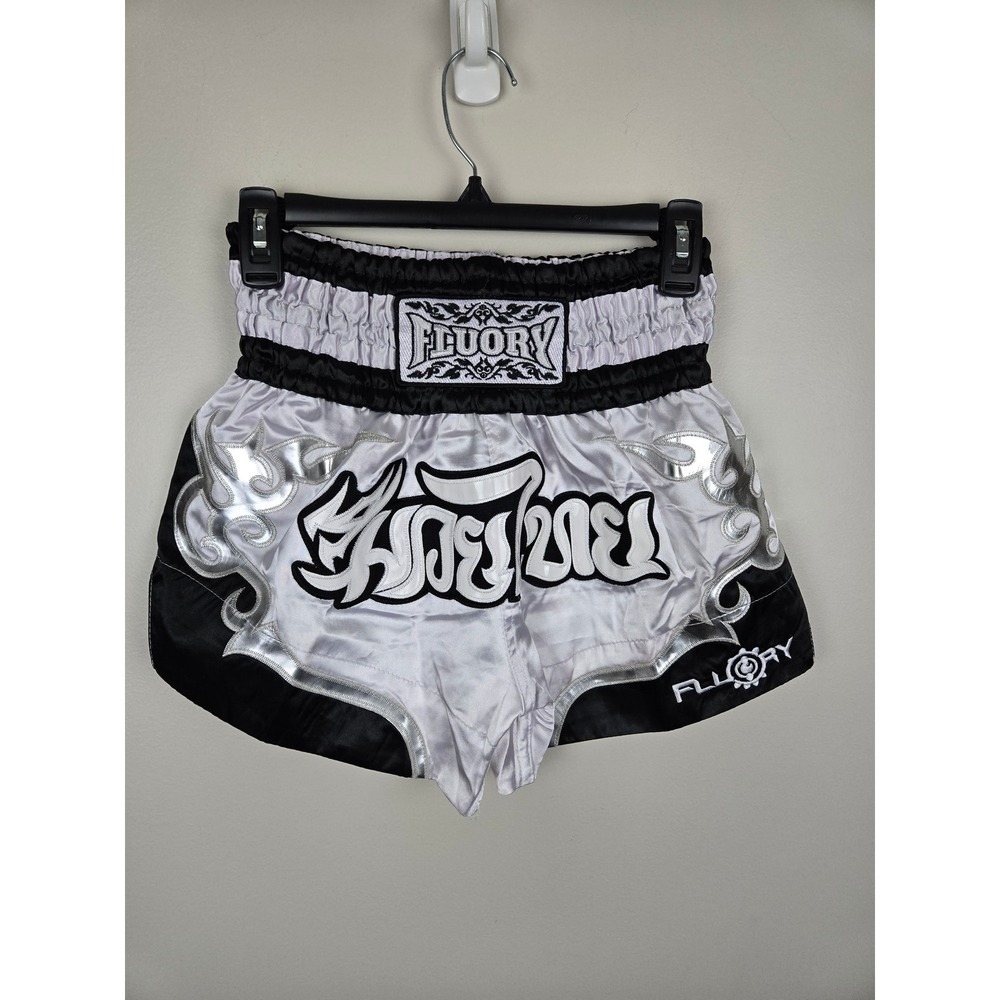 Fluory Muay Thai Shorts White Black Silver Embroidered Kickboxing MMA Mens Small